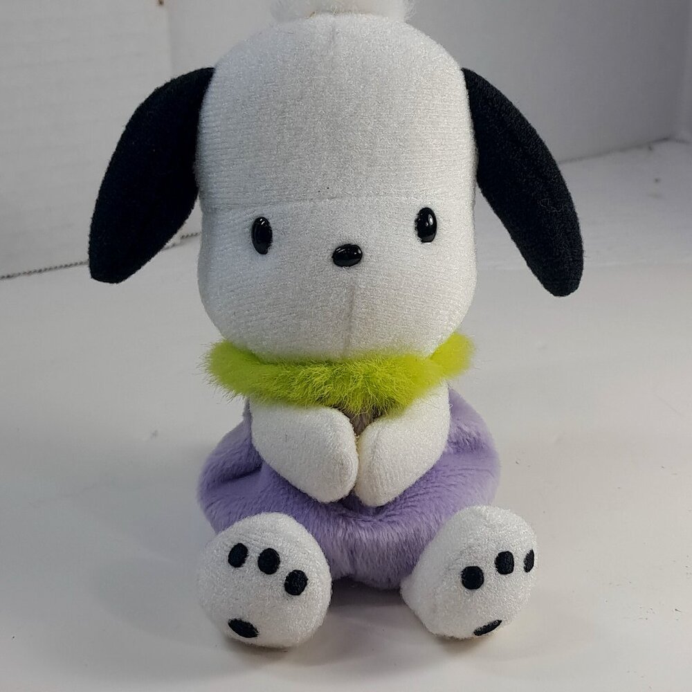 Sanrio Smiles Pochacco‎ Mini Plush hugging hands attaching purple green boa 2000